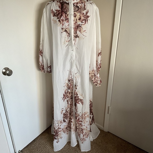 Itoo Italy Floral Maxi Shirt Dress Sheer Long Sleeve Belted Size Large - Picture 4 of 11